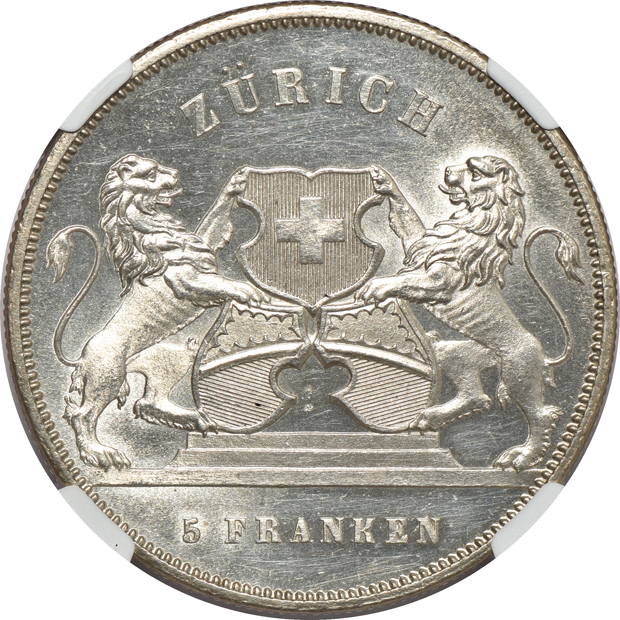 Switzerland - 1874 St. Gallen Festival 5 francs MS-63, and an 1859 Zurich Festival 5 francs MS-62, both NGC