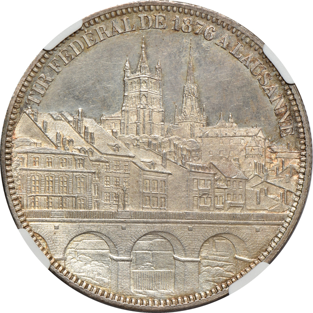 Switzerland - 1876 Lausanne Festival 5 francs MS-63, and an 1879 Basel Festival MS-63 PL, both NGC
