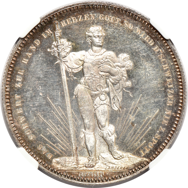 Switzerland - 1876 Lausanne Festival 5 francs MS-63, and an 1879 Basel Festival MS-63 PL, both NGC