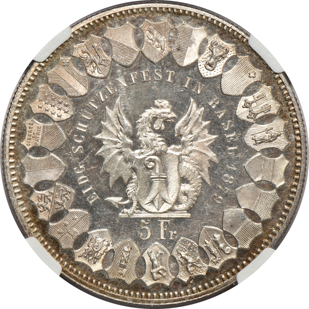 Switzerland - 1876 Lausanne Festival 5 francs MS-63, and an 1879 Basel Festival MS-63 PL, both NGC