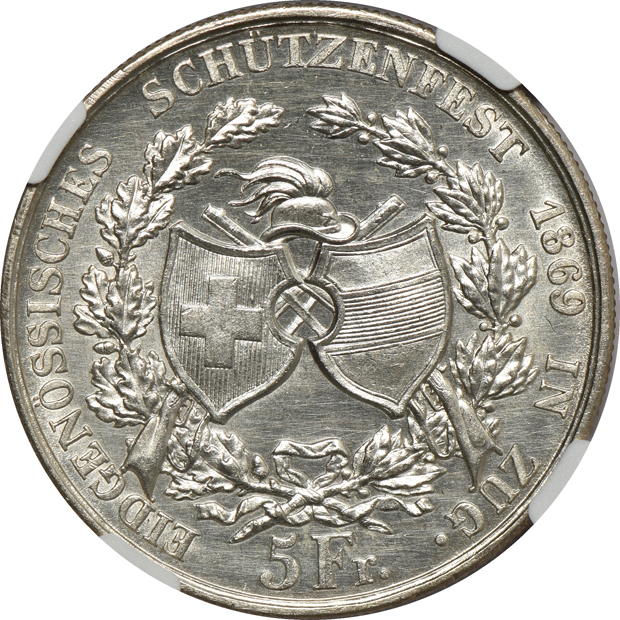 Switzerland - 1869 Zug Festival 5 francs, and an 1872 Zurich Festival 5 francs, both  NGC MS-63