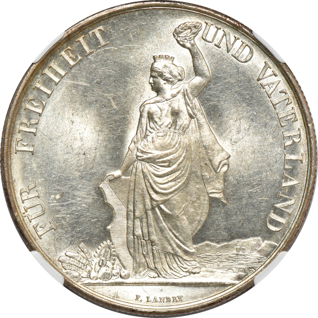 Switzerland - 1869 Zug Festival 5 francs, and an 1872 Zurich Festival 5 francs, both  NGC MS-63