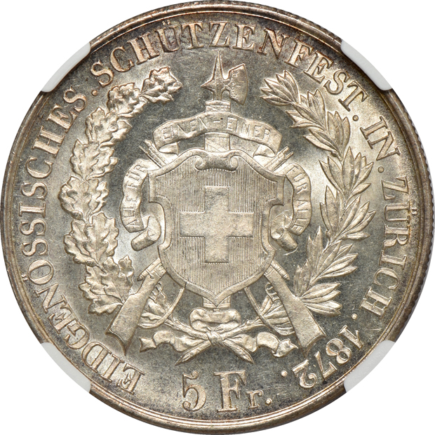 Switzerland - 1869 Zug Festival 5 francs, and an 1872 Zurich Festival 5 francs, both  NGC MS-63