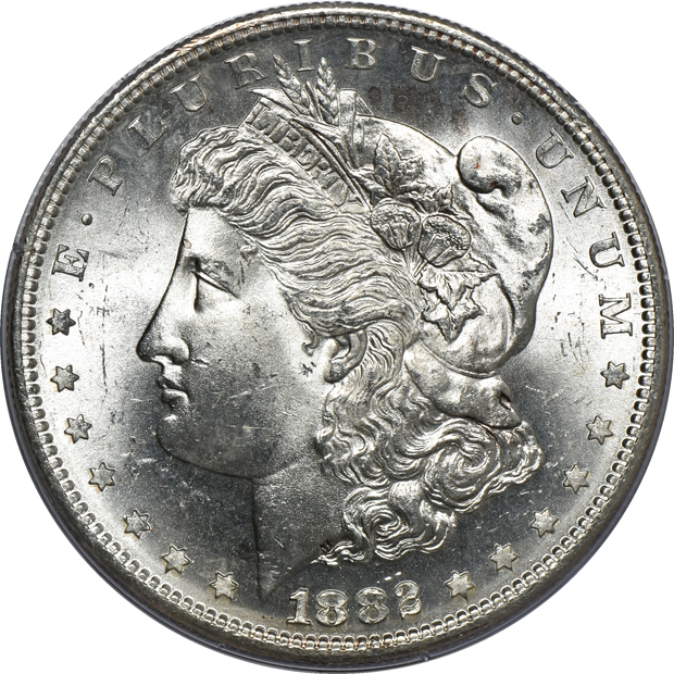 Seven Morgan silver dollars, all PCGS (rattler) CAC