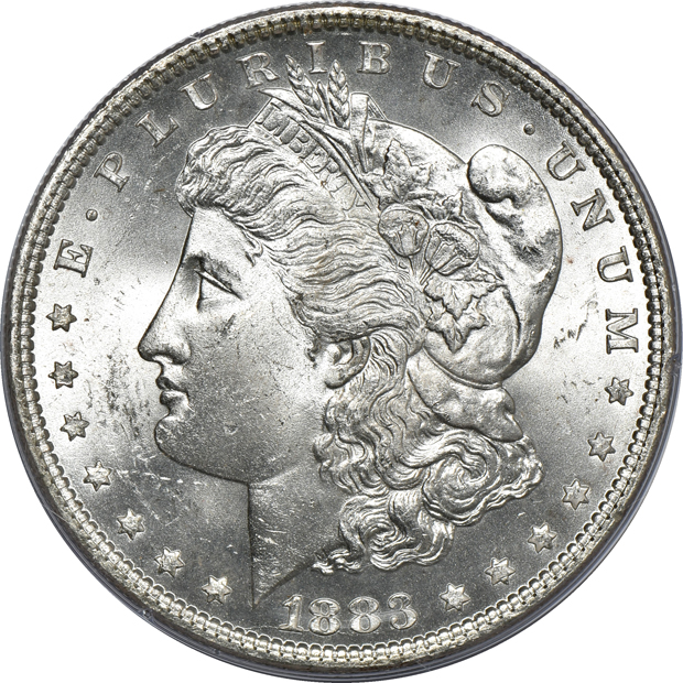 Seven Morgan silver dollars, all PCGS (rattler) CAC