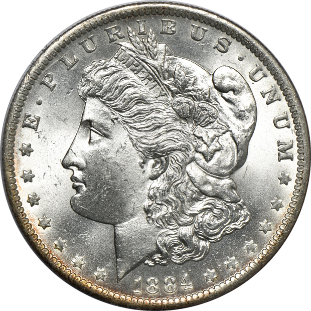 Seven Morgan silver dollars, all PCGS (rattler) CAC