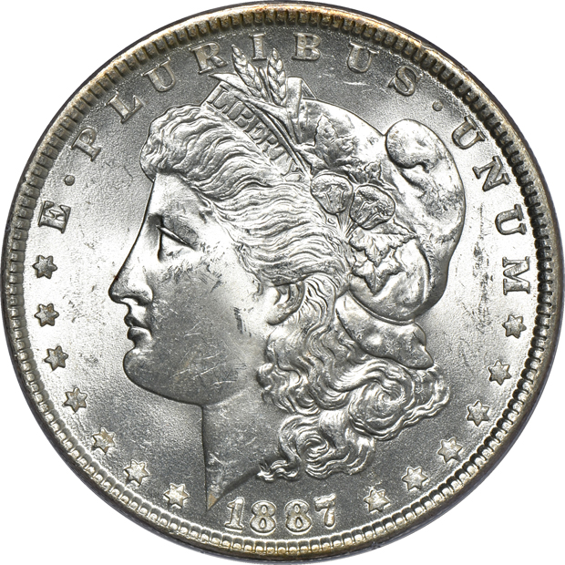 Seven Morgan silver dollars, all PCGS (rattler) CAC