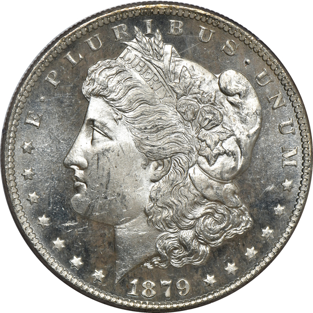 Five Morgan silver dollars and a Peace silver dollar, all PCGS (rattler)