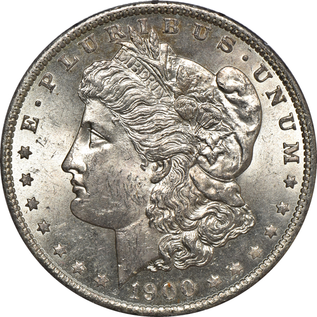 Five Morgan silver dollars and a Peace silver dollar, all PCGS (rattler)