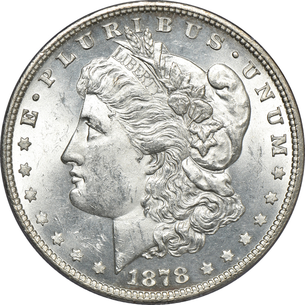 Five Morgan silver dollars and a Peace silver dollar, all PCGS (rattler)