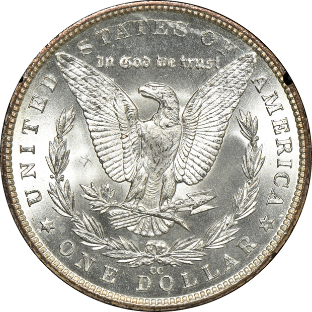 1882-CC GSA MS-63, 1883-CC GSA MS-63, and an 1883-CC GSA MS-64+, all NGC CAC