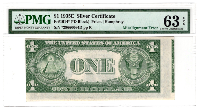 Error Currency - 1935-E $1 Star Fr# 1614*, Misalignment Error - PMG CU-63 EPQ