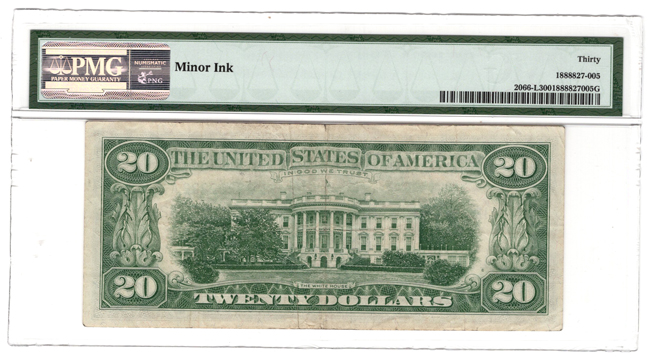 1963-A $20 San Francisco Fr# 2066-L, Solid #2 Serial Number - PMG VF-30/minor ink
