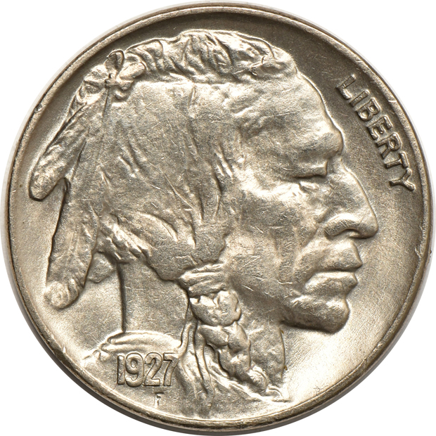 Ten Buffalo nickels, as described