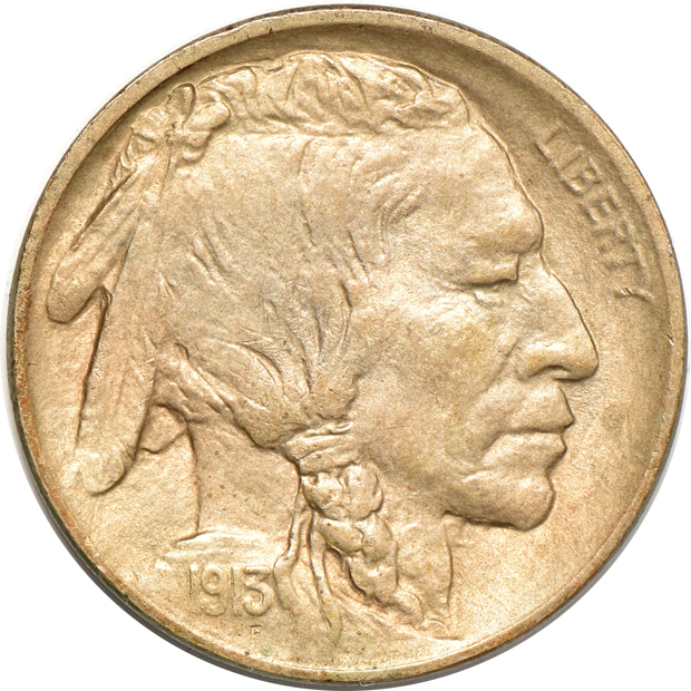 Ten Buffalo nickels, as described