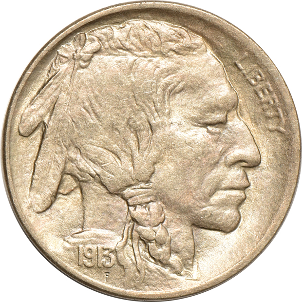 Ten Buffalo nickels, as described