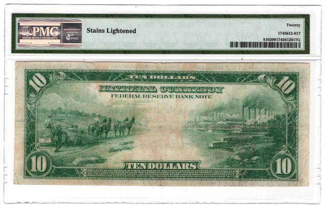 1918 $10 New York Fr# 810 - PMG VF-20/stains lightened