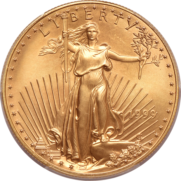 1999 1oz gold American Eagle, reverse strike-through, PCGS MS-68