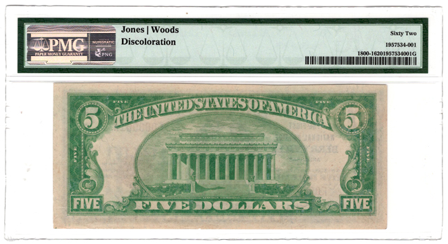 Serial Number 1 1929 $5 Type 1 - Berryville, AR Charter #10406 - PMG CU-62/discoloration