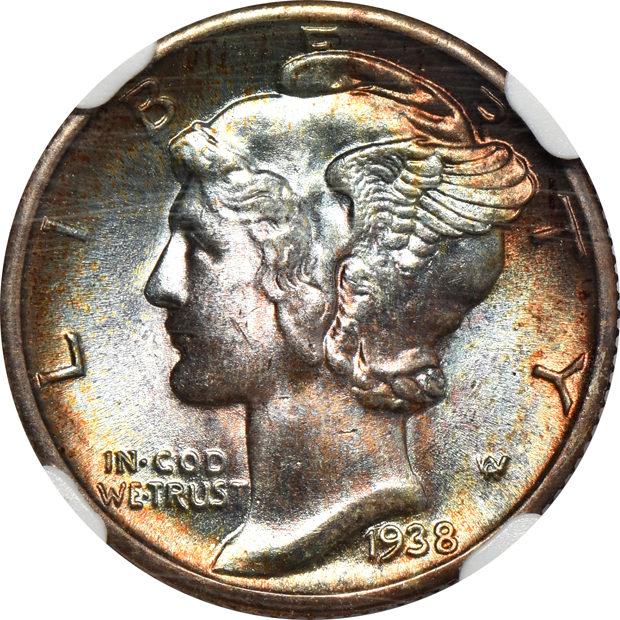 Four toned Mercury dimes, all NGC CAC