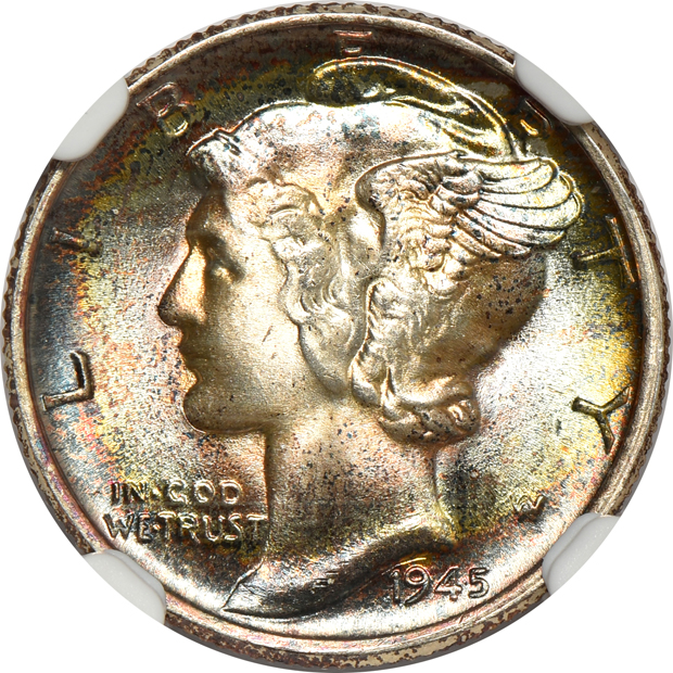 Four toned Mercury dimes, all NGC CAC