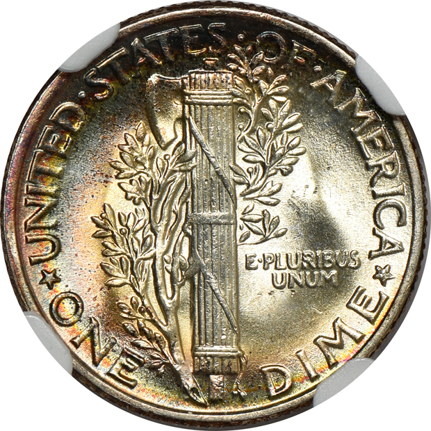 Four toned Mercury dimes, all NGC CAC
