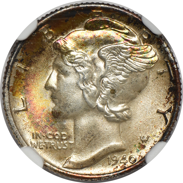 Four toned Mercury dimes, all NGC CAC