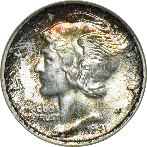 Four toned Mercury dimes, all NGC CAC