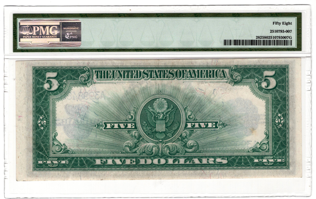 1923 $5 Porthole Fr# 282 - PMG AU-58