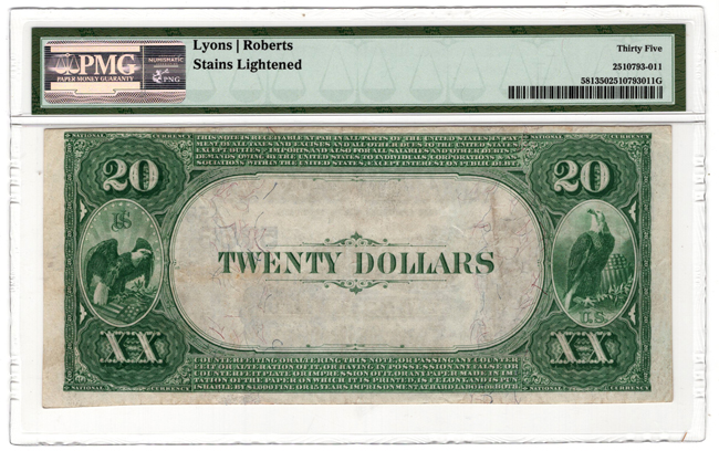 1882 $20 Value Back - Jacksonville, IL Charter #5763 - PMG VF-35/stains/lightened