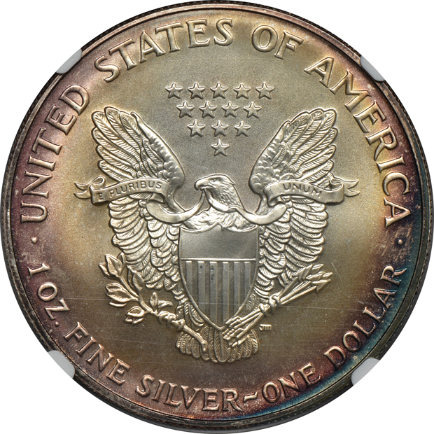 1945 Mercury dime NGC MS-62, 1949 Washington quarter PCGS MS-66+, and a 1993 silver Eagle NGC UNC details/artificial toning