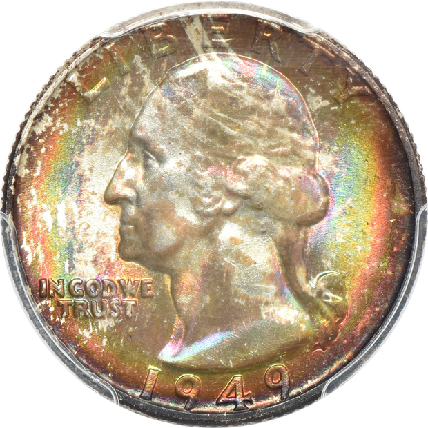 1945 Mercury dime NGC MS-62, 1949 Washington quarter PCGS MS-66+, and a 1993 silver Eagle NGC UNC details/artificial toning