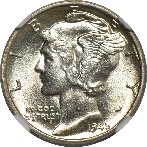 1945 Mercury dime NGC MS-62, 1949 Washington quarter PCGS MS-66+, and a 1993 silver Eagle NGC UNC details/artificial toning