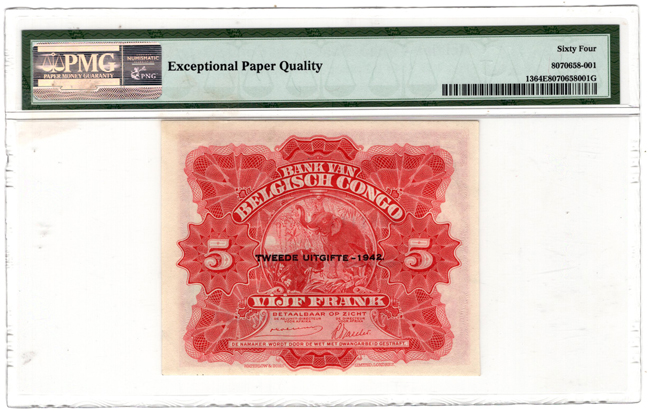 Belgian Congo - 1942 5 francs, Banque du Congo Belge, Pick# 13, Overprint Deuxieme Emission - 1942 - PMG ChCU-64 EPQ