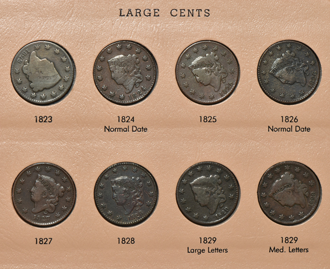 Collection of eighty-three different large cents in a Dansco 7099 album