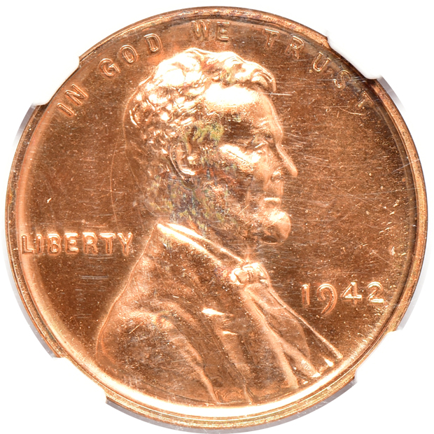 1942 Lincoln cent PR-64 RD, 1942 Mercury dime PR-66, and a 1942 Walking Liberty half-dollar PR-65, all NGC