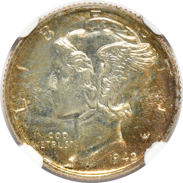 1942 Lincoln cent PR-64 RD, 1942 Mercury dime PR-66, and a 1942 Walking Liberty half-dollar PR-65, all NGC
