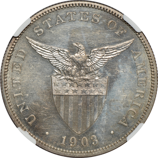 1903 Peso PR-58 and two 1904 Pesos PR-61, all NGC