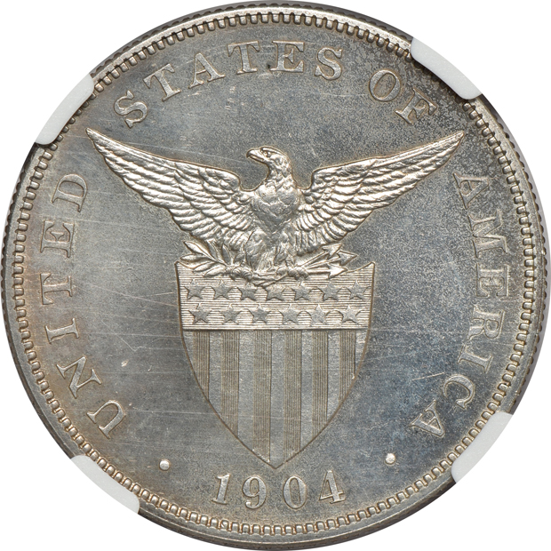 1903 Peso PR-58 and two 1904 Pesos PR-61, all NGC