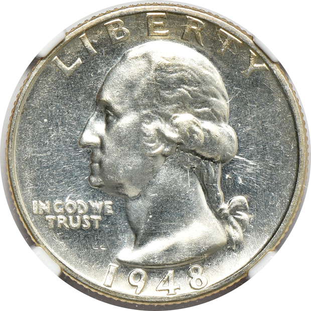 1942-S Walking Liberty half-dollar MS-64 Star, and a 1948-S Washington quarter MS-65 PL, both NGC