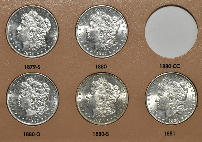 Collection of seventy-eight different Morgan silver dollars in two Dansco albums