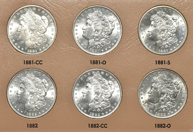Collection of seventy-eight different Morgan silver dollars in two Dansco albums