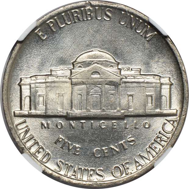 Jefferson nickel obverse struck through capped die NGC MS-65