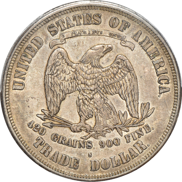 1858 Seated Liberty half-dime MS-63+, 1865 plain 5 two-cent piece MS-64BN CAC, and an 1873-S Trade dollar XF-45 CAC, all PCGS