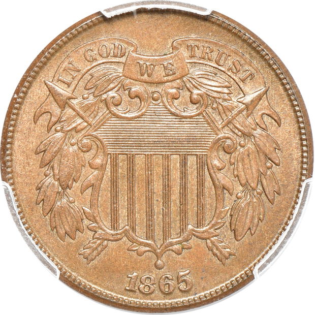 1858 Seated Liberty half-dime MS-63+, 1865 plain 5 two-cent piece MS-64BN CAC, and an 1873-S Trade dollar XF-45 CAC, all PCGS