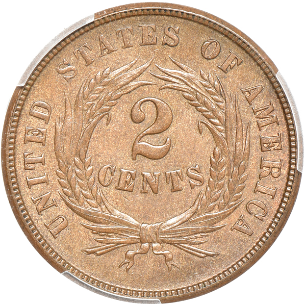 1858 Seated Liberty half-dime MS-63+, 1865 plain 5 two-cent piece MS-64BN CAC, and an 1873-S Trade dollar XF-45 CAC, all PCGS