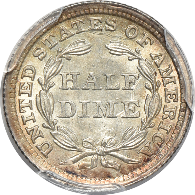 1858 Seated Liberty half-dime MS-63+, 1865 plain 5 two-cent piece MS-64BN CAC, and an 1873-S Trade dollar XF-45 CAC, all PCGS