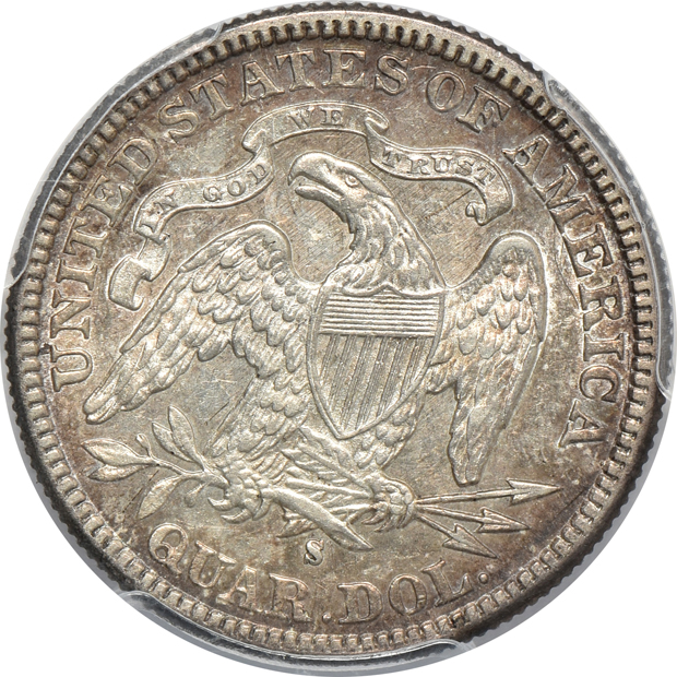 1875-S Seated Liberty half-dollar AU-58 CAC, and an 1888-S Seated Liberty quarter AU-55, both PCGS