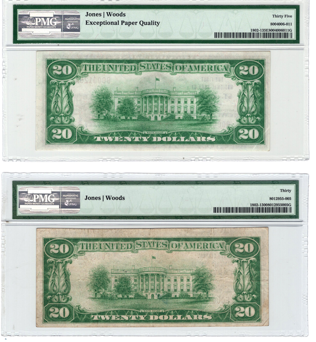 Lot of four small size $20 National Bank Notes from western Missouri