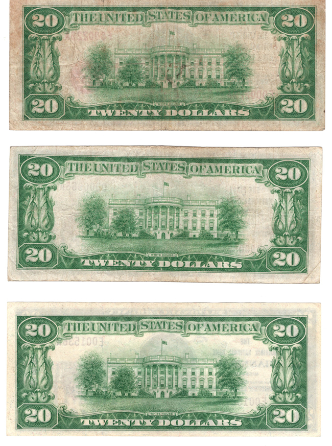 Group of three 1929 $20 Type 1 National Bank Notes from Missouri